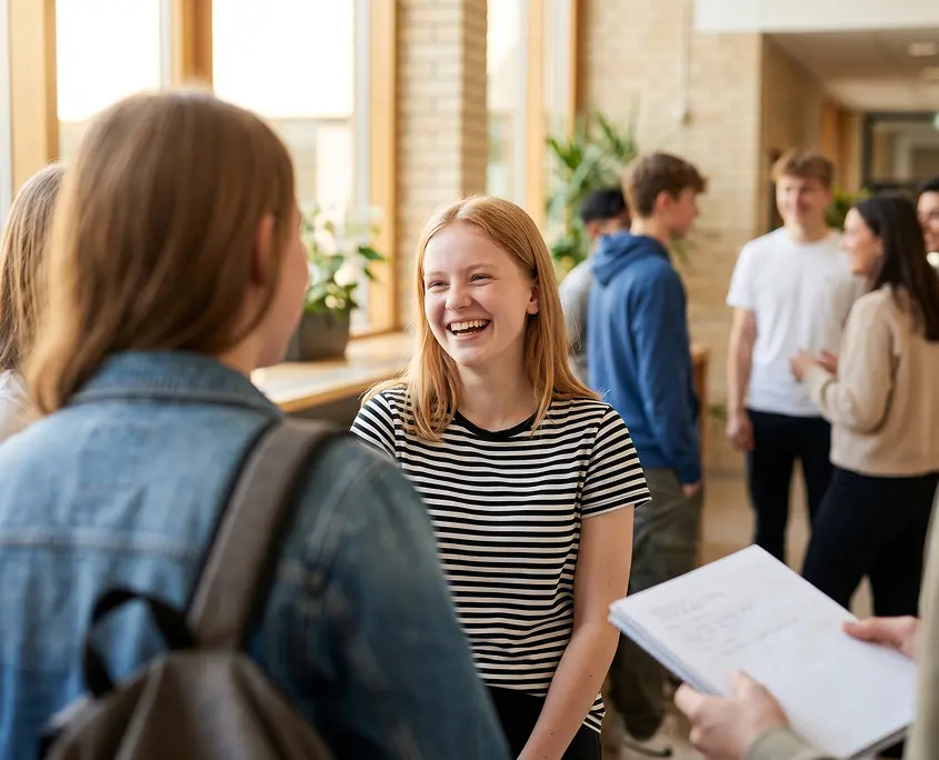 Gaesdonck mit Herz auf Schulflur lächelt junge Schülerin eine Mitschülerin freudig an