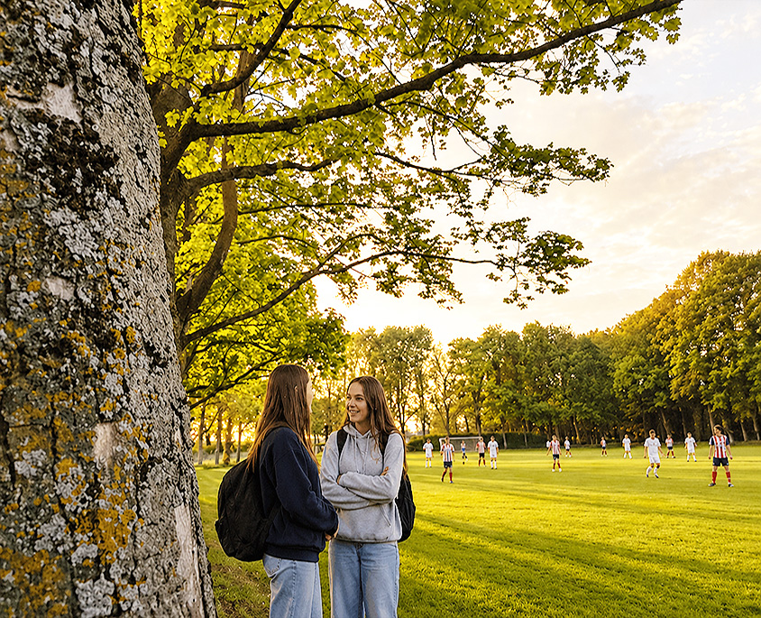 Oberstufe-5 Schülerinnen am Spielfeldrand auf dem Gaesdoncker Sportplatz